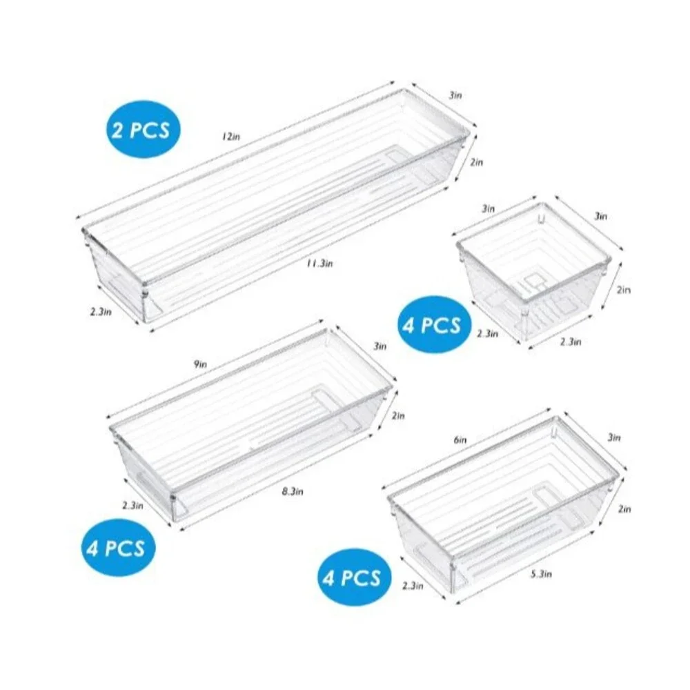 14 Pack Plastic Drawer Organizer Trays 4 Sizes Makeup Desk Kitchen Bathroom Clea